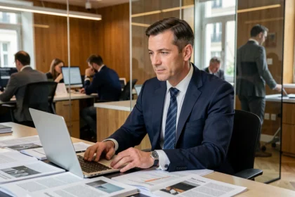Journaliste masculin en costume marine assis dans une salle de rédaction parisienne moderne