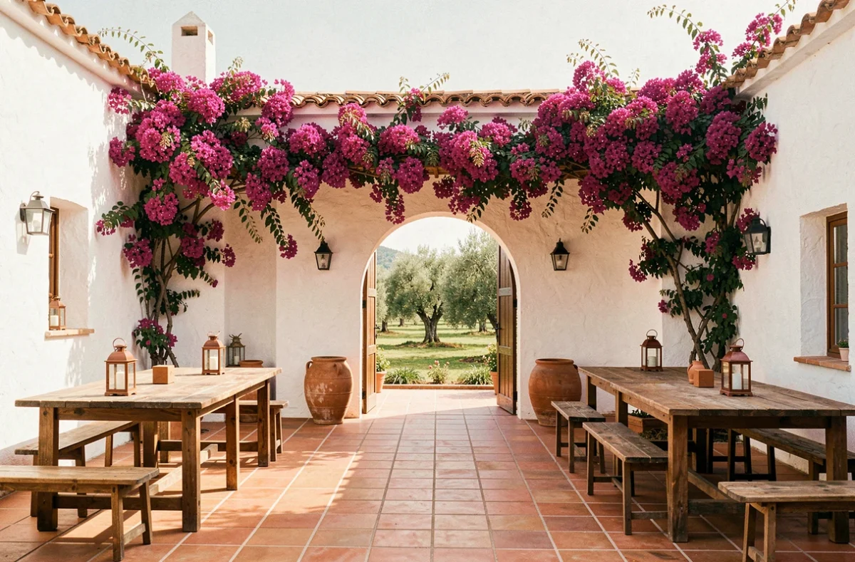 La Finca del Sol, patio andalou aux murs blancs et bougainvilliers pour mariages en Pyrénées-Orientales