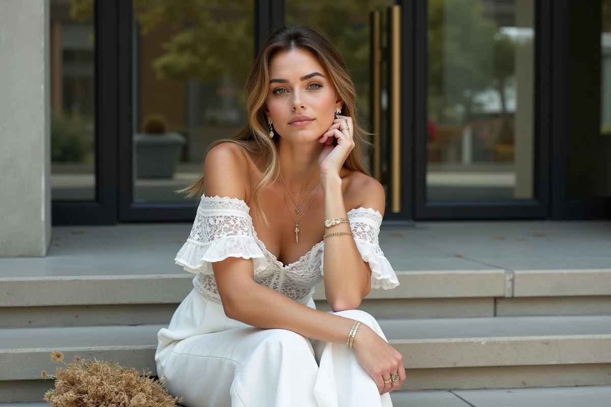 Look bohème moderne pour mariage civil avec pantalon en lin blanc et blouse en dentelle, sur les marches d'une mairie contemporaine
