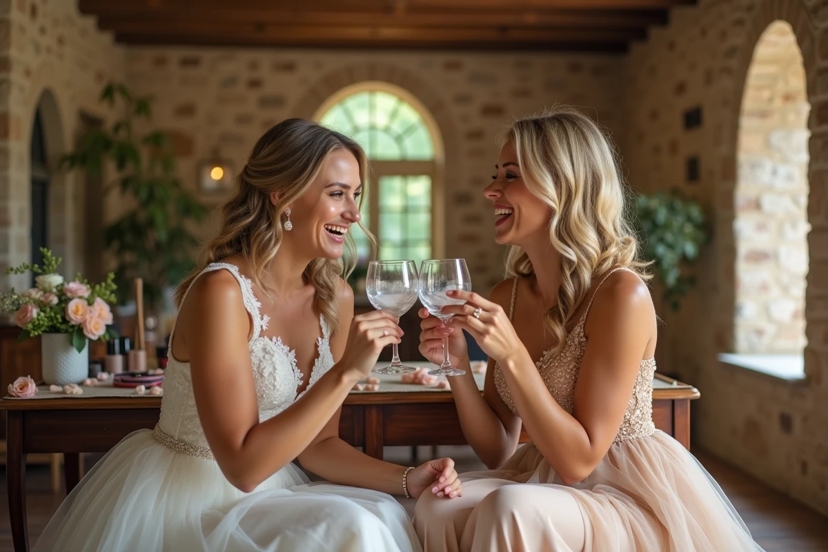 Deux femmes comparant des lunettes cœur blanches et dorées lors des préparatifs du mariage