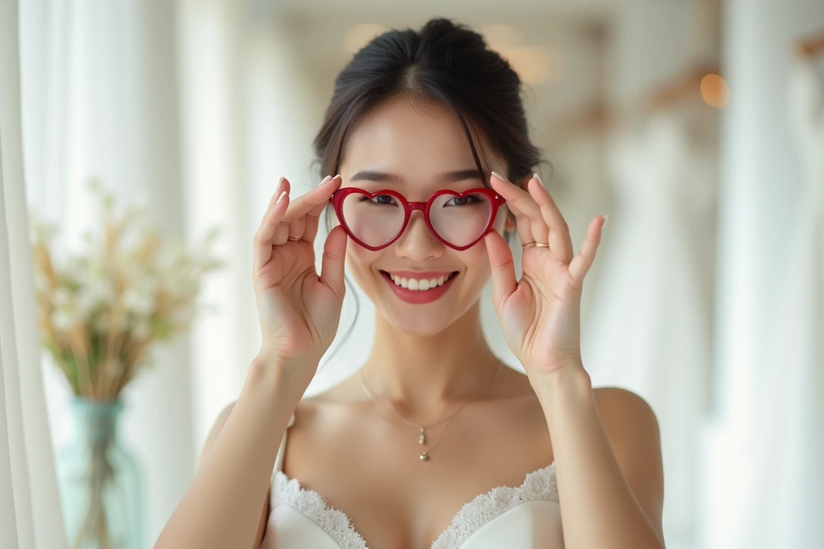 Mariée portant des lunettes cœur rouges dans une boutique de mariage élégante