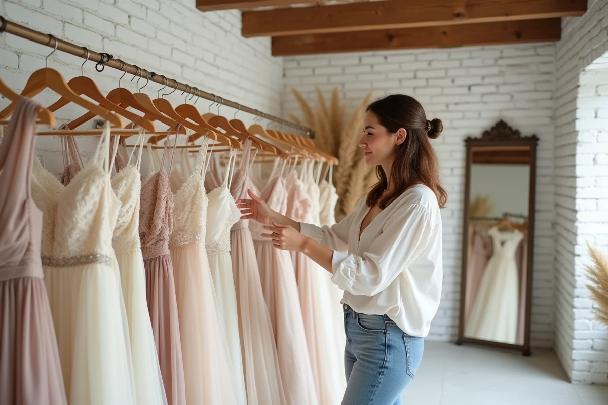 Intérieur d'un magasin de robes de mariée bohème pas cher avec une femme parcourant une collection de robes en dentelle et chiffon