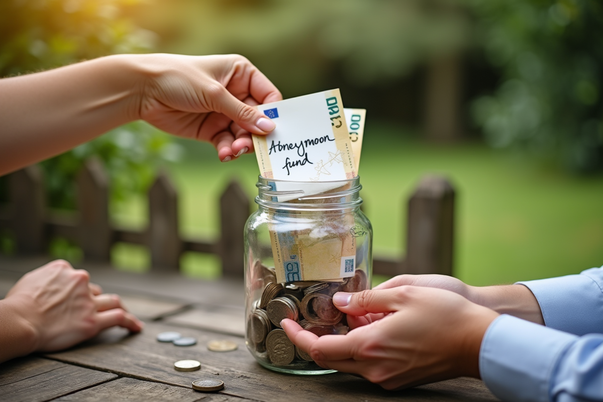 Mains plaçant des billets et note pour lune de miel dans un bocal