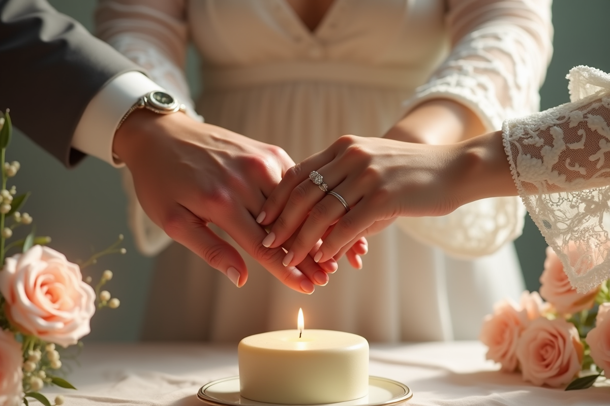 Mains entrelacees avec bagues de mariage et gâteau