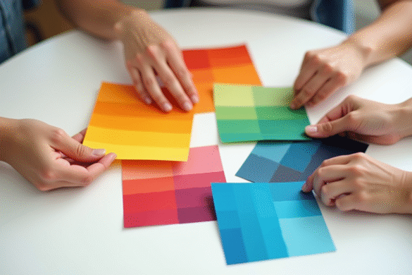 Quatre mains tenant des échantillons de couleurs vives sur une table blanche