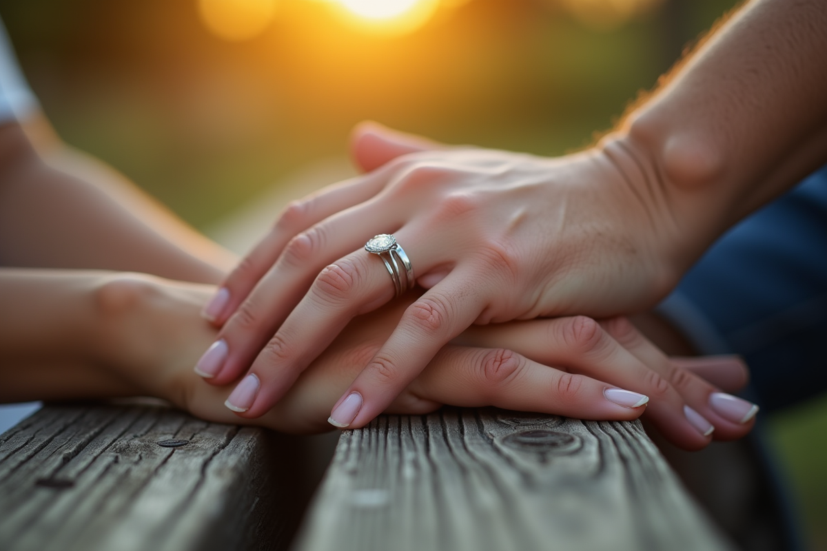 Mains entrelacees avec bagues de mariage sur un banc en plein air