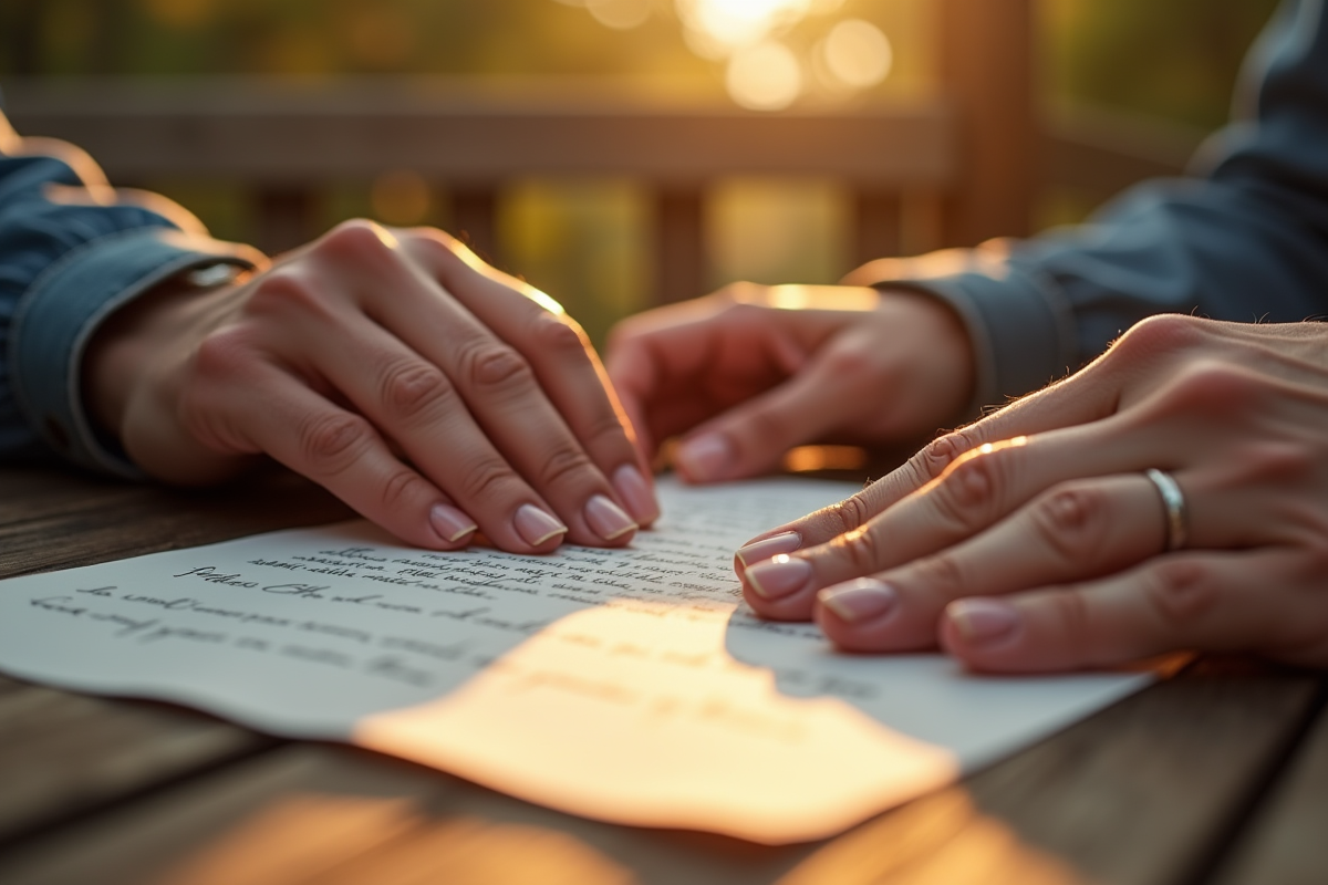 Mains tenant un vœu écrit avec alliances sur une table en bois