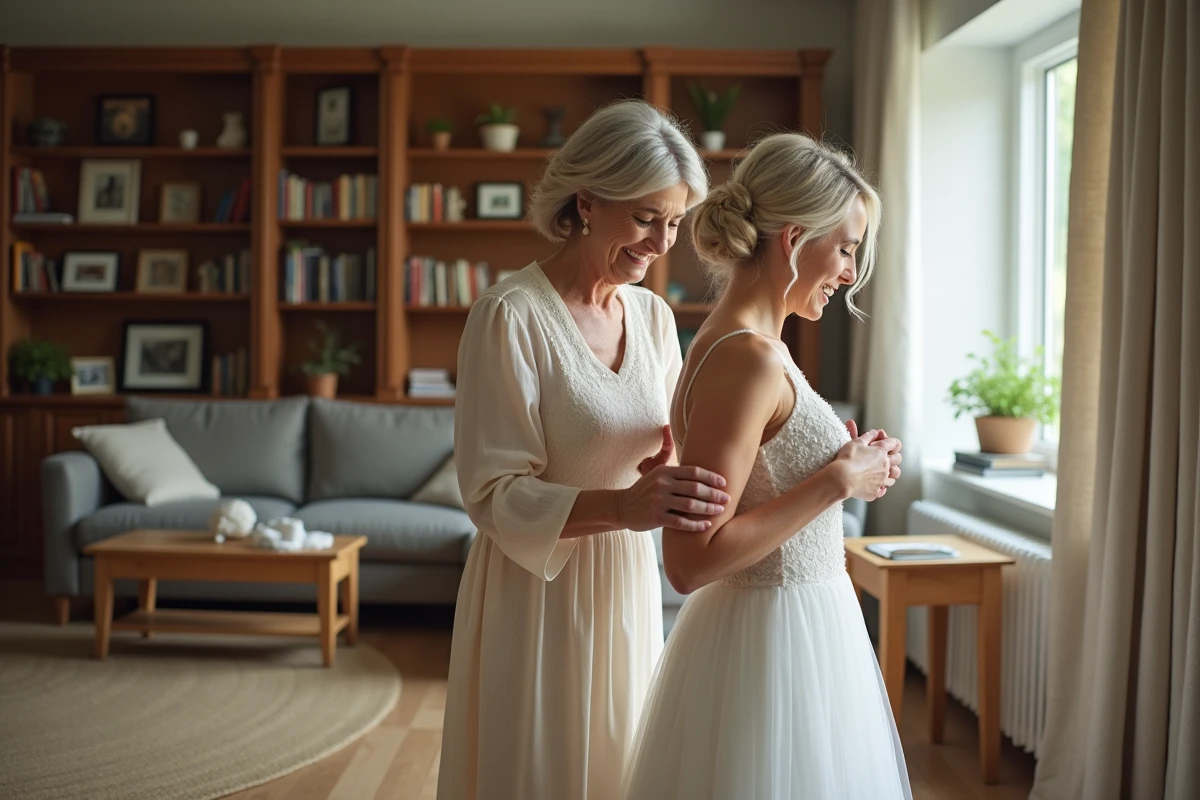 Mère aidant sa fille à ajuster sa robe de mariage dans le salon