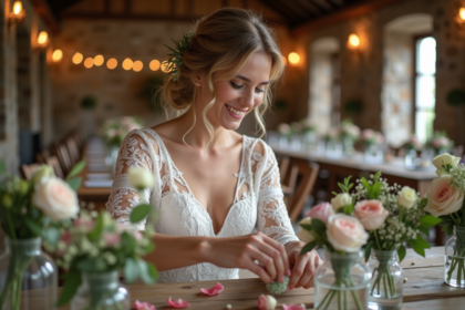 Mariée souriante arrangeant des fleurs dans une salle rustique