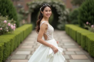 Jeune mariée souriante en robe blanche dans un jardin