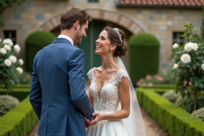 Jeune couple marié dans un jardin champêtre avec roses blanches
