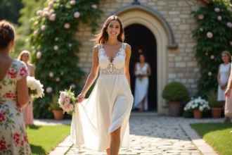 Mariée souriante en robe blanche dans un cadre champêtre