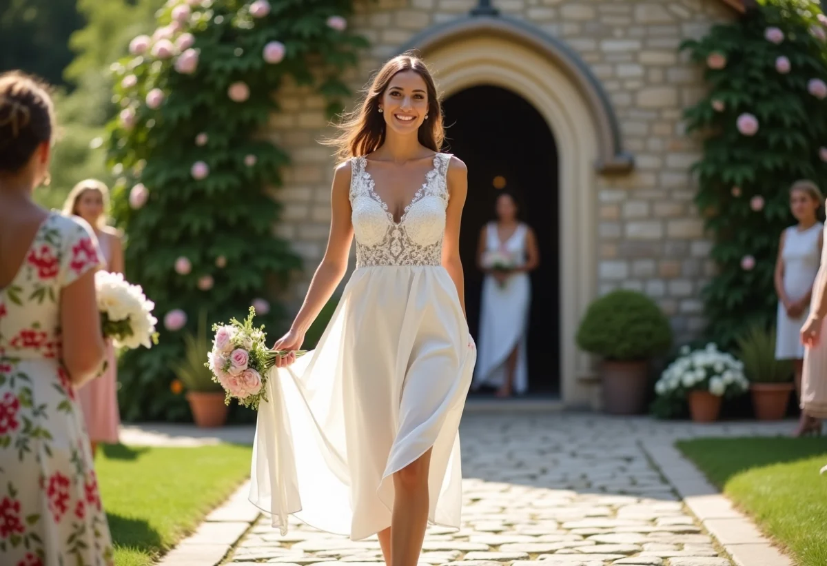 Mariée souriante en robe blanche dans un cadre champêtre