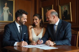 Couple signant les documents officiels lors d'un mariage civil en mairie avec un officier municipal