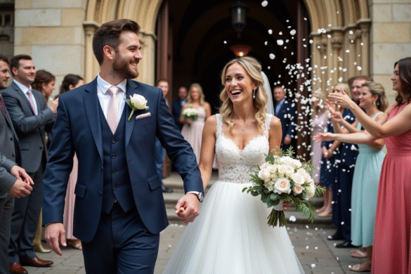 Jeune couple de mariés souriants marchant main dans la main devant l'église