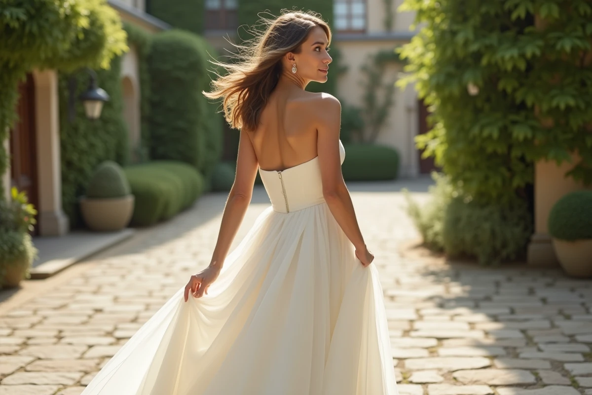 Jeune mariée en robe blanche dans un jardin français