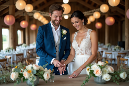 Jeune couple arrangeant des centres de table floraux pour mariage