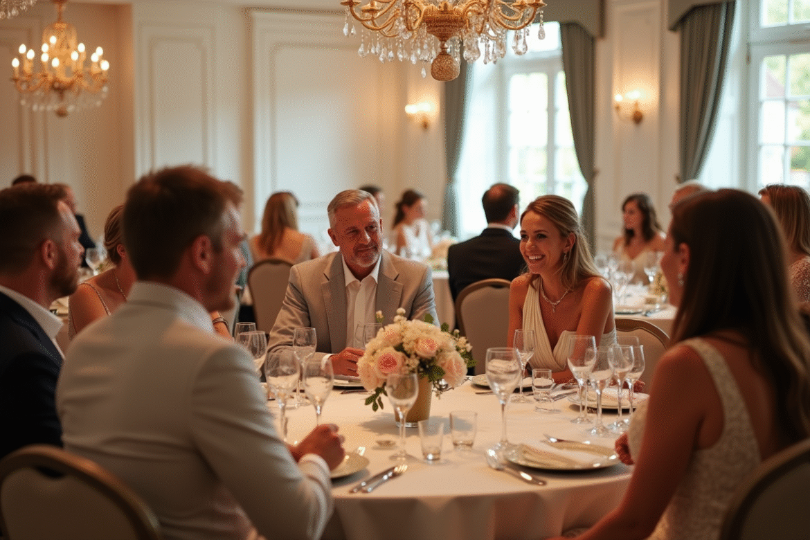 Groupe d'invites élégants lors d'un mariage dans une salle spacieuse