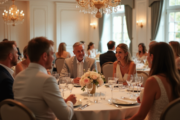 Groupe d'invites élégants lors d'un mariage dans une salle spacieuse