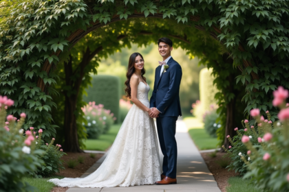 Jeune couple marié dans un jardin fleuri en extérieur