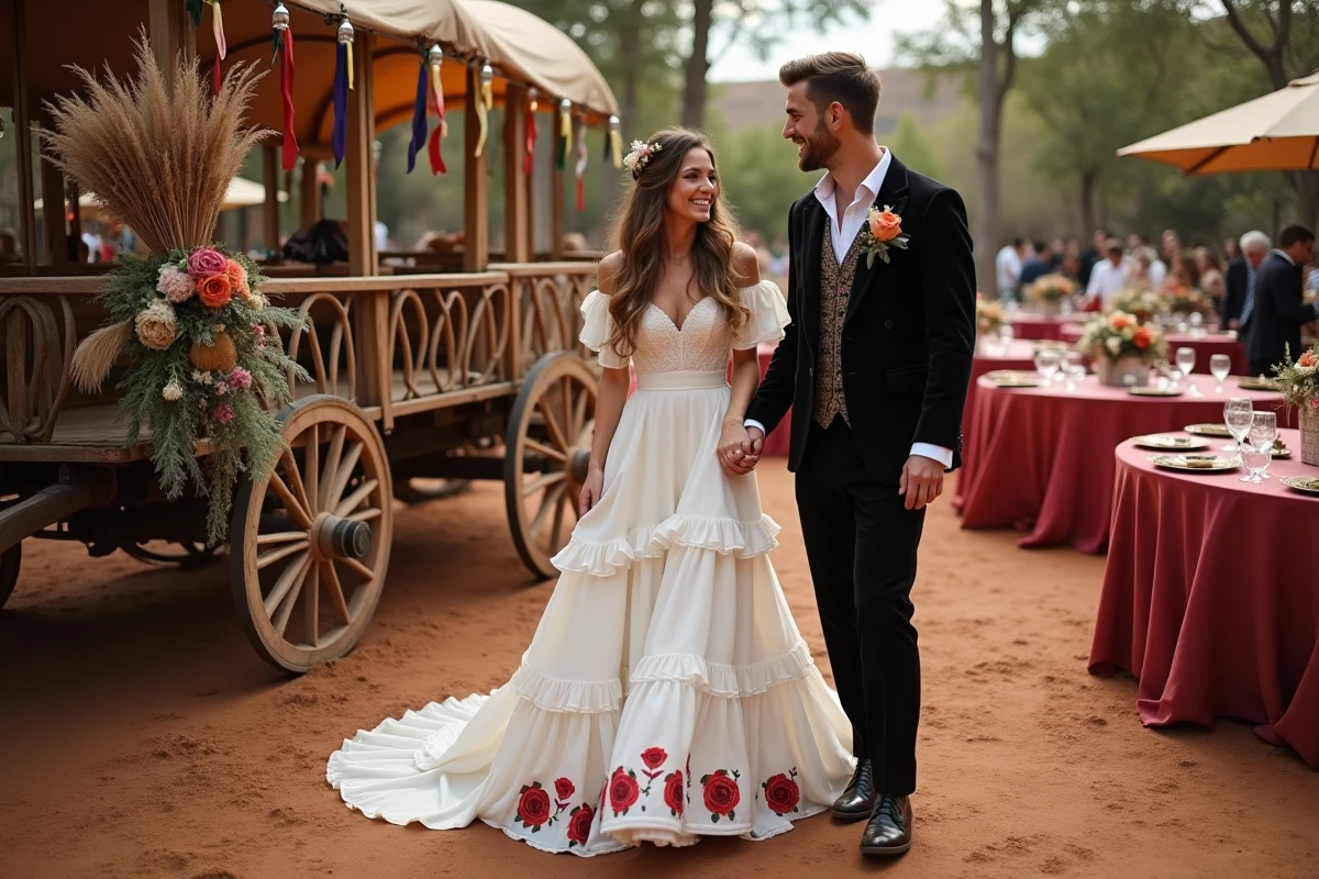 Couple lors d'un mariage gitan chic en plein air avec robe à volants peints et décoration de roulotte vintage