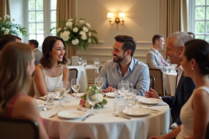 Groupe d'invites lors d'un mariage en salle élégante