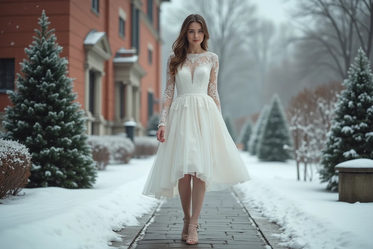 Jeune femme en robe de mariée marchant dans un jardin enneige