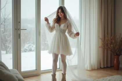 Femme joyeuse en robe de mariée d'hiver ajustant son voile