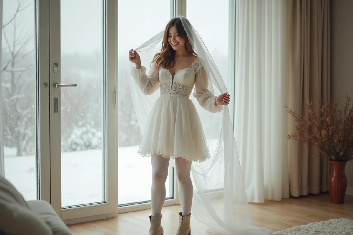 Femme joyeuse en robe de mariée d'hiver ajustant son voile
