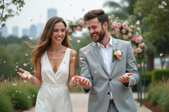 Mariage joyeux avec la mariée en combinaison blanche