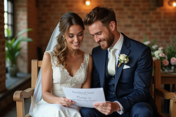 Jeune couple de mariés lisant une playlist de mariage