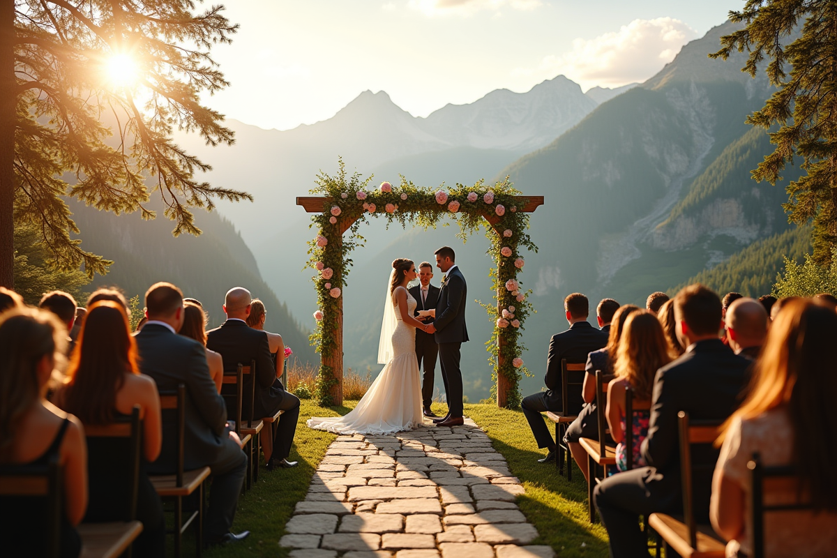 Cérémonie de mariage en montagne avec vue sur la vallée