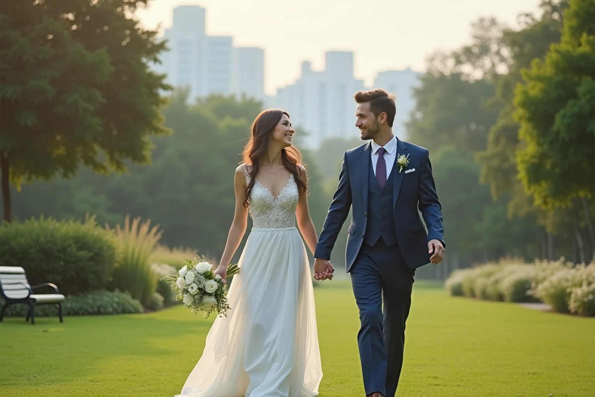 Jeune couple marié se promenant dans un parc urbain