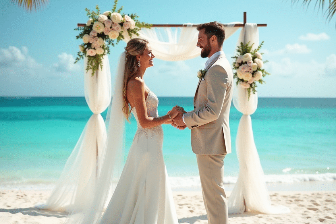 Couple heureux échangeant leurs vœux sur une plage tropicale