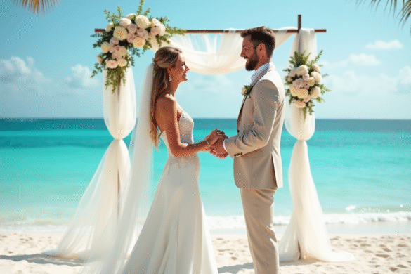 Couple heureux échangeant leurs vœux sur une plage tropicale