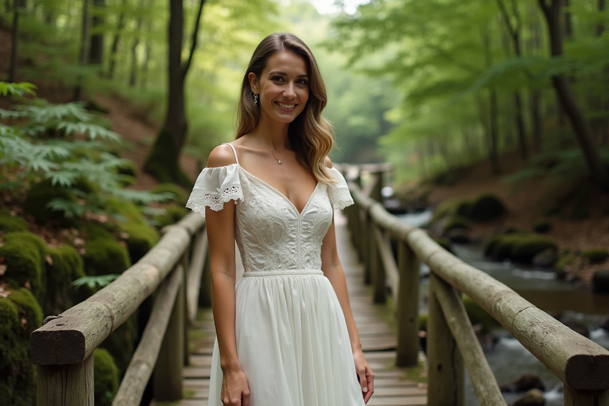 Mariée en robe bohème à broderies sur un pont en bois en forêt, ambiance naturelle et champêtre pour un mariage bohème