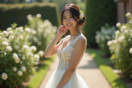 Mariée en robe courte de dentelle ivoire dans un jardin fleuri avec des roses blanches
