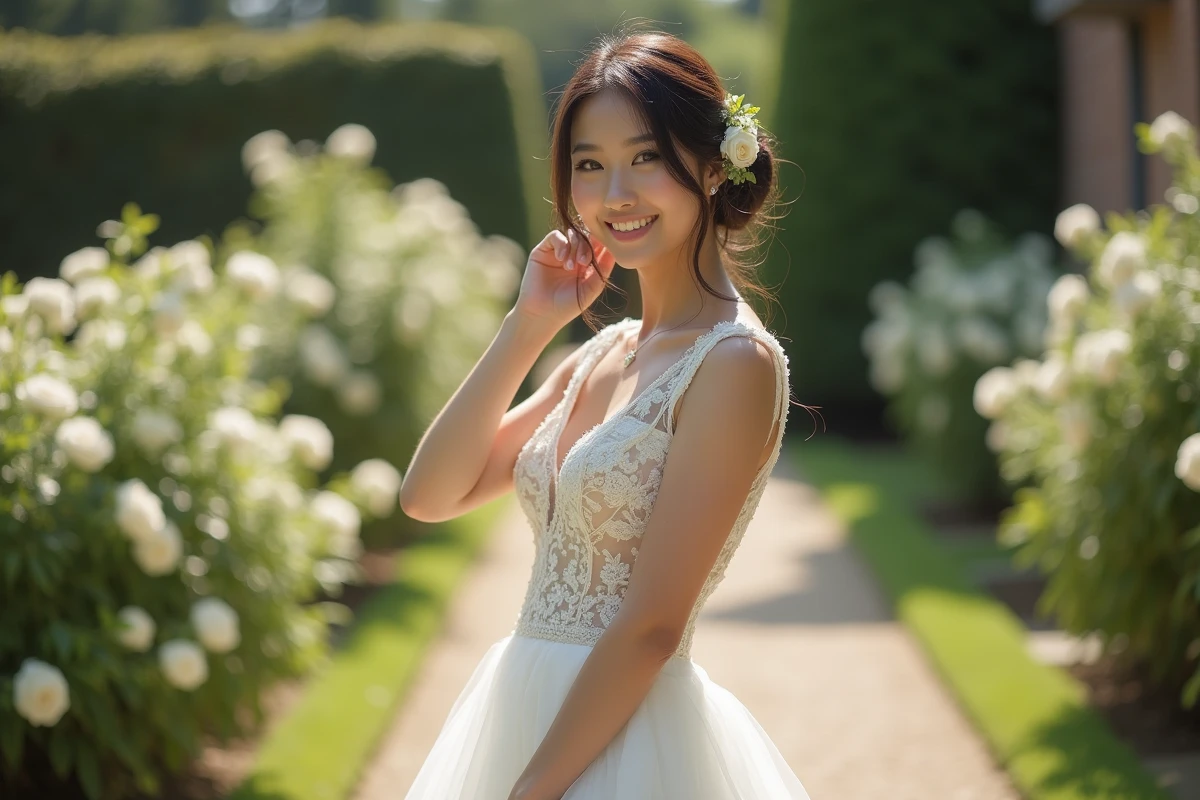 Mariée en robe courte de dentelle ivoire dans un jardin fleuri avec des roses blanches