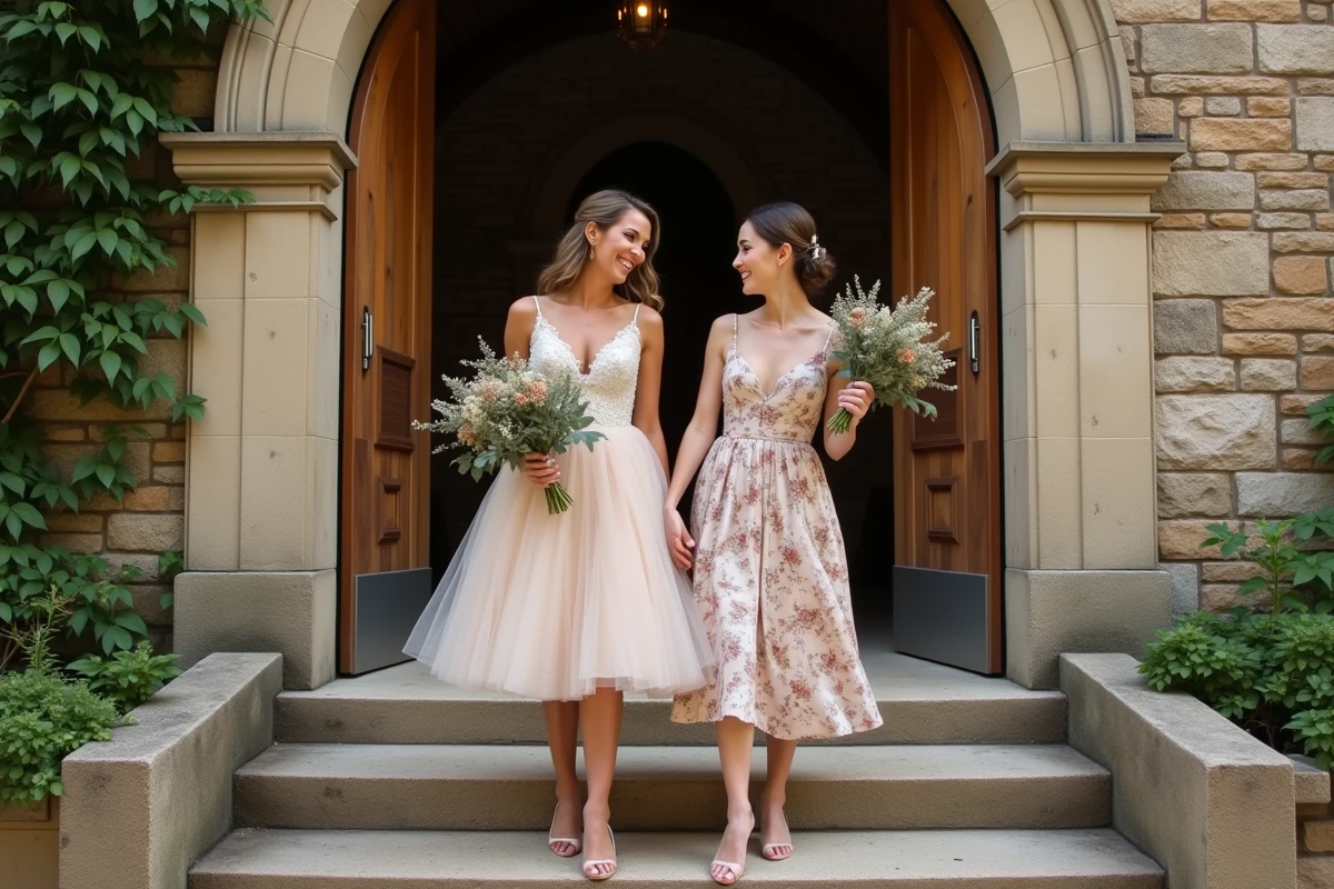Mariée en robe courte en tulle champagne avec demoiselle d'honneur devant une chapelle en pierre rustique