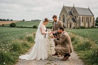 Photographe de mariage professionnel en action lors d'une cérémonie en plein air dans le Pas-de-Calais