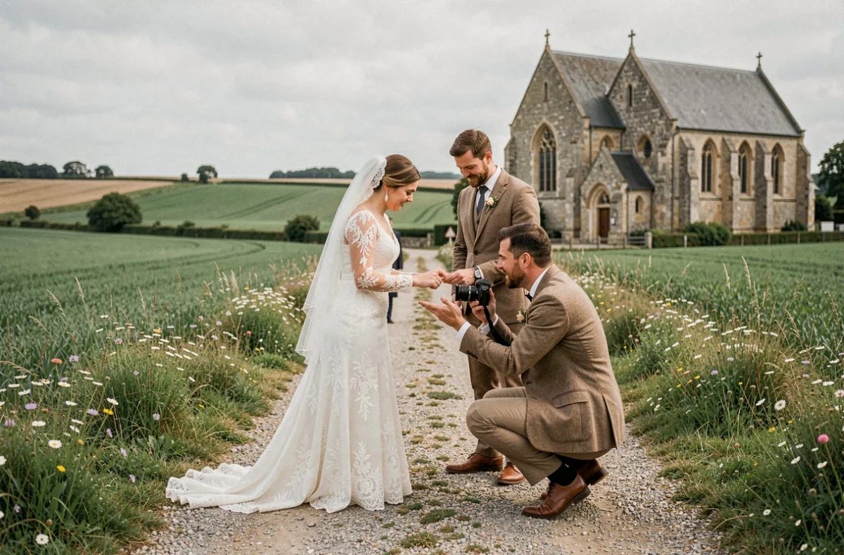 Photographe de mariage professionnel en action lors d'une cérémonie en plein air dans le Pas-de-Calais