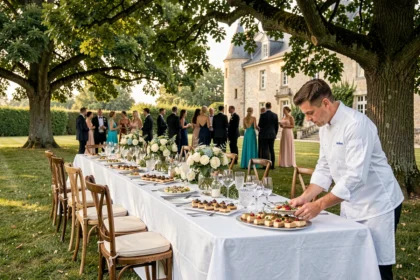 Réception de mariage élégante en plein air dans l'Oise avec tables dressées, traiteur en action et château en arrière-plan