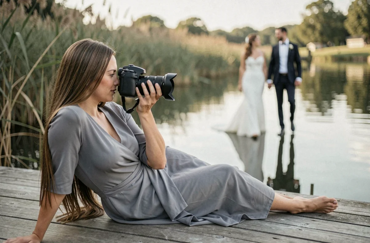 Photographe Moments To Mean allongée sur un ponton pour un cliché créatif lors d'un mariage au bord d'un lac dans le Pas-de-Calais