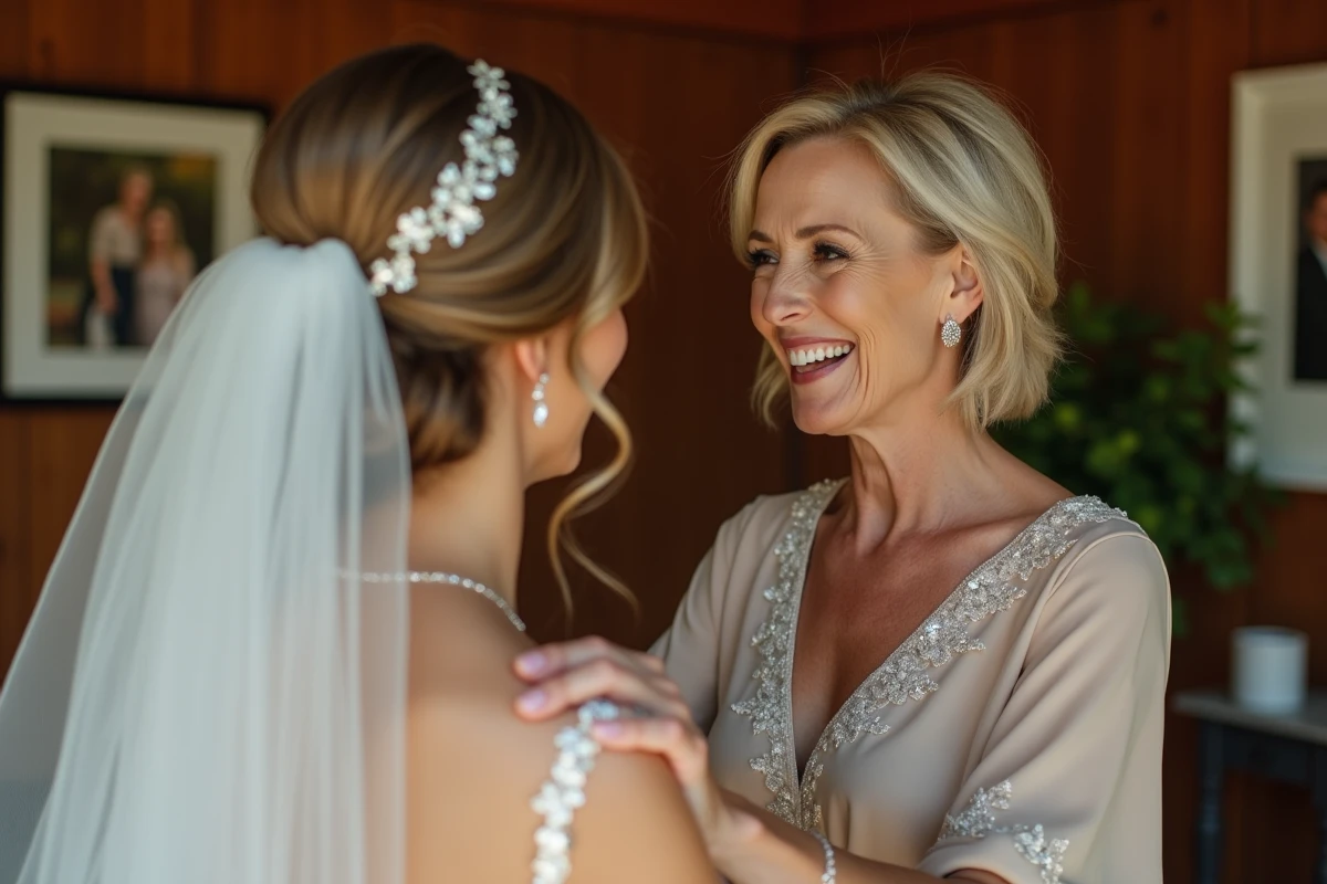 Mère souriante ajustant le voile de sa fille