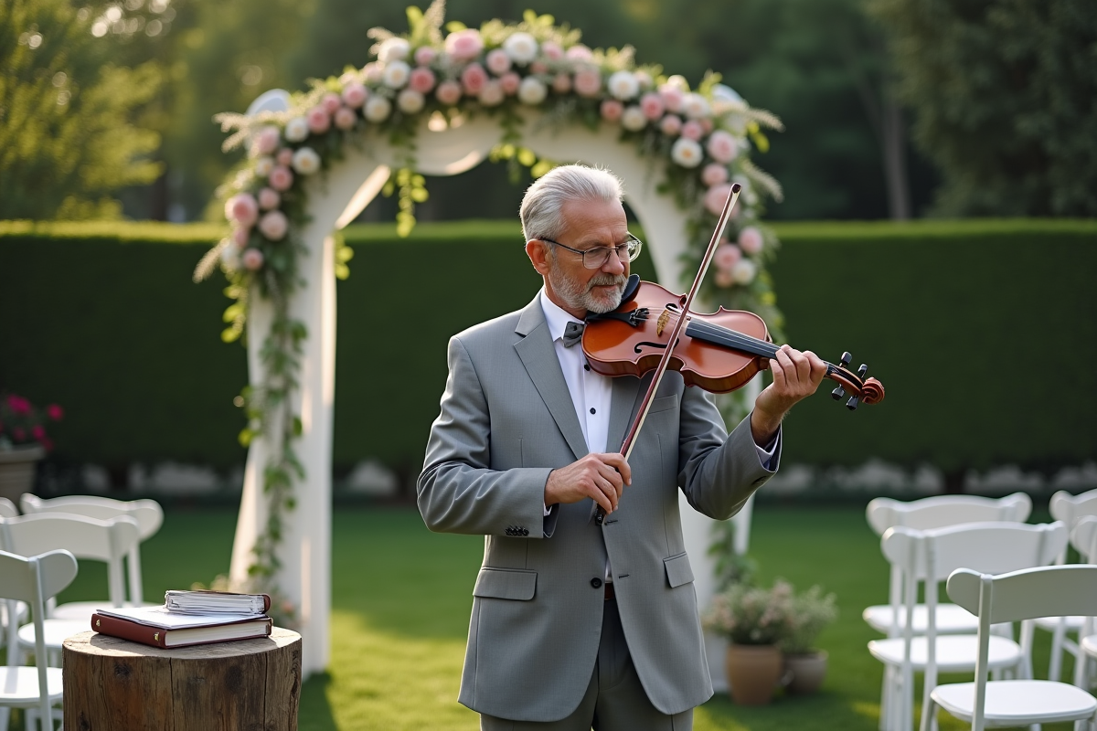 Musicien en costume accordant un violon devant un arc de mariage