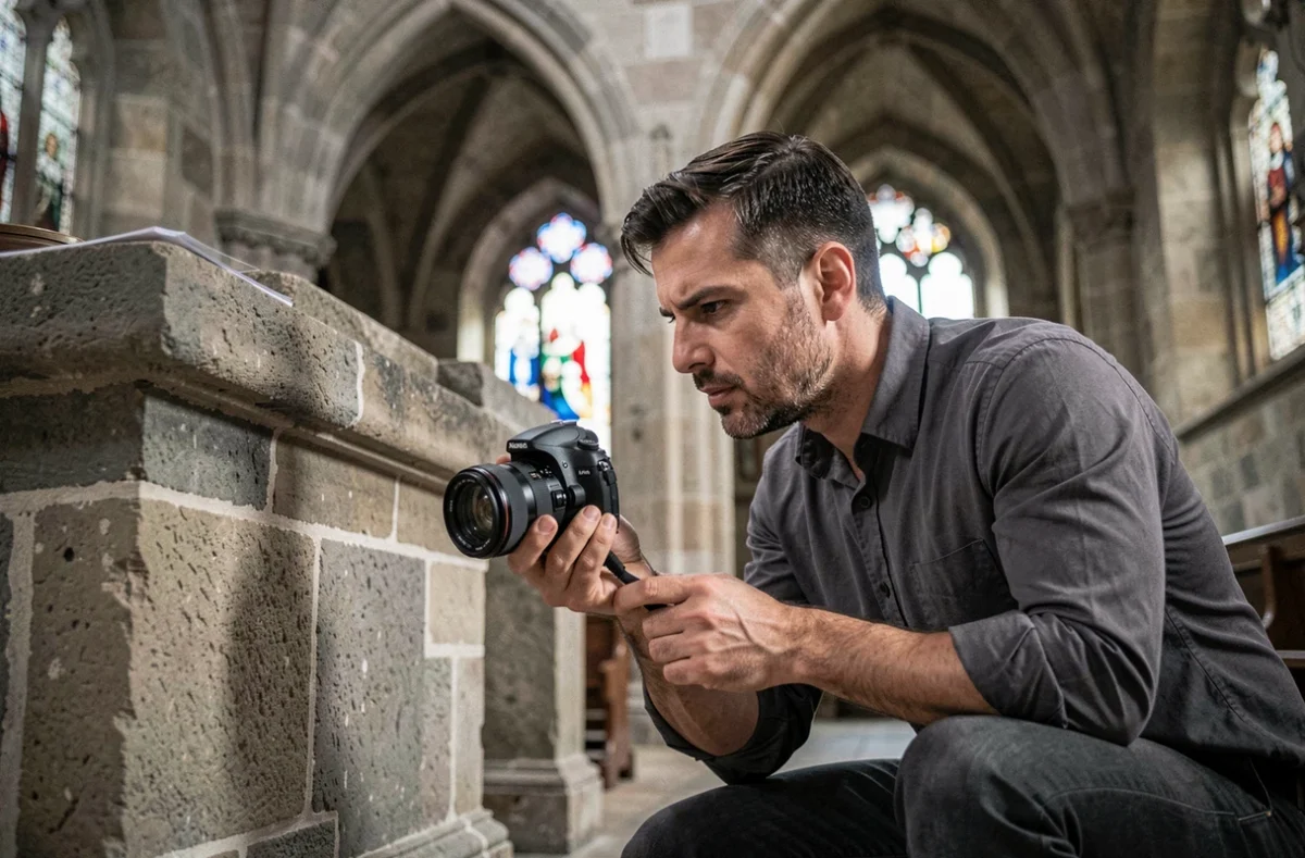 Olivier Bailly photographiant une cérémonie de mariage à l'intérieur d'une église gothique du Pas-de-Calais