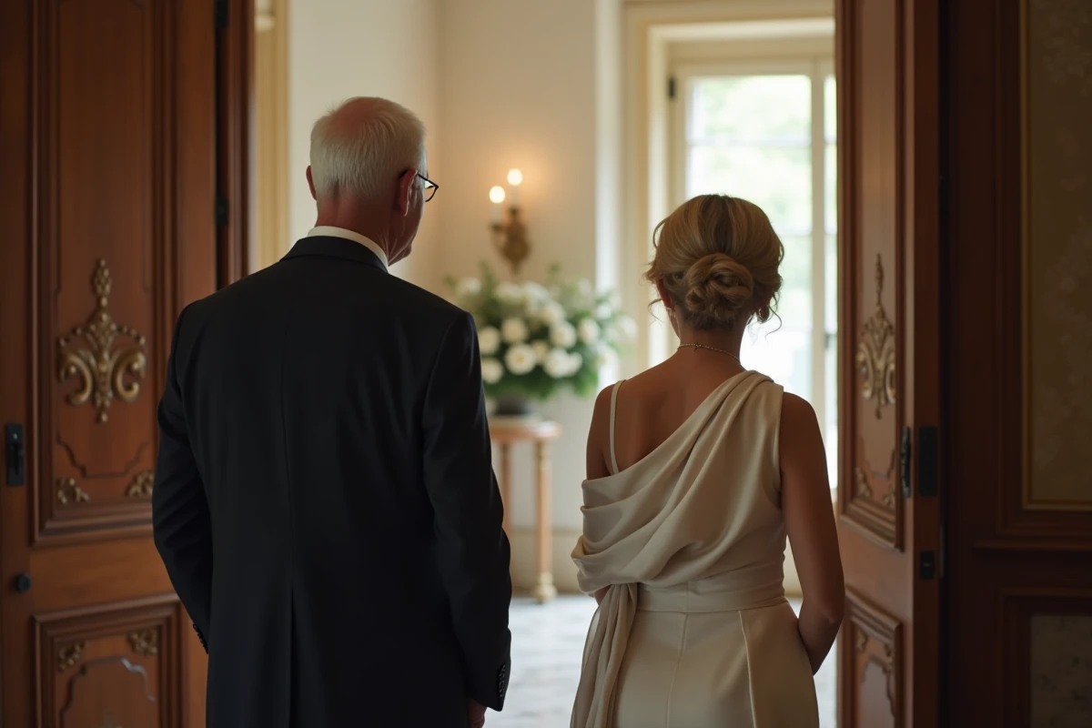 Parents observant discrètement la reception de mariage