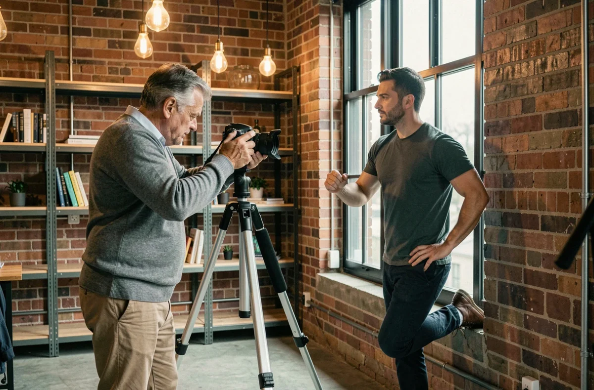 Photographe masculin ajustant un trépied pour aider un client à réaliser son autoportrait dans un loft industriel