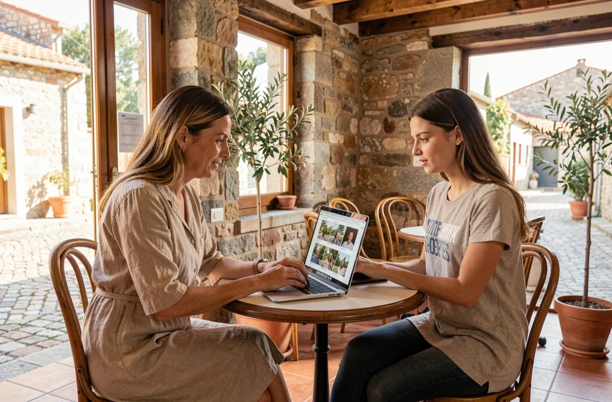 Photographe et cliente examinant des photos sur un ordinateur portable dans un café rustique de Porto-Vecchio