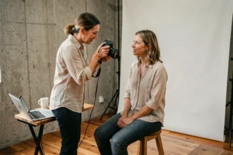 Photographe professionnelle guidant une cliente lors d'une séance d'autoportrait en studio avec fond blanc et sol en bois